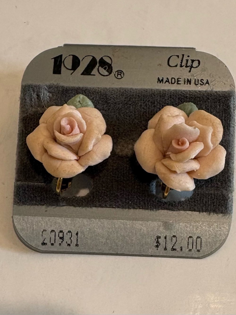 Vintage Porcelain Pale Pink Pastel Rose Flower Clip-On Earrings Feminine Retro